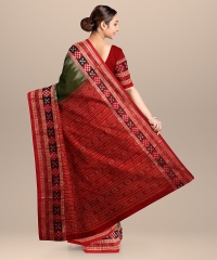 Deep Olive Green Red Cotton Handloom Sambalpuri Saree