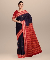 Navy Blue maroon Cotton Handloom Bomkai Saree