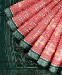  Carrot Peach dark green Silk Handloom Sambalpuri Saree