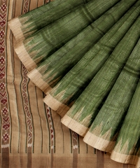 Olive Green Beige Tussar Silk Handloom Odisha Ikat Saree