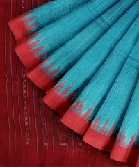 Cyan Blue Maroon Tussar Silk Handloom Odisha Ikat Saree