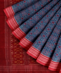 Cyan Blue Red cotton Handloom Sambalpuri Saree